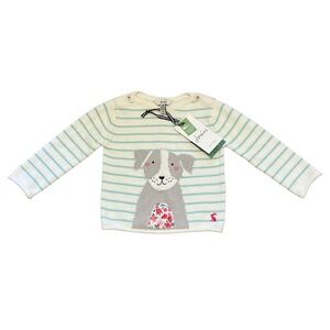 Joules Kids White and Blue Striped Sweater with Dog Design